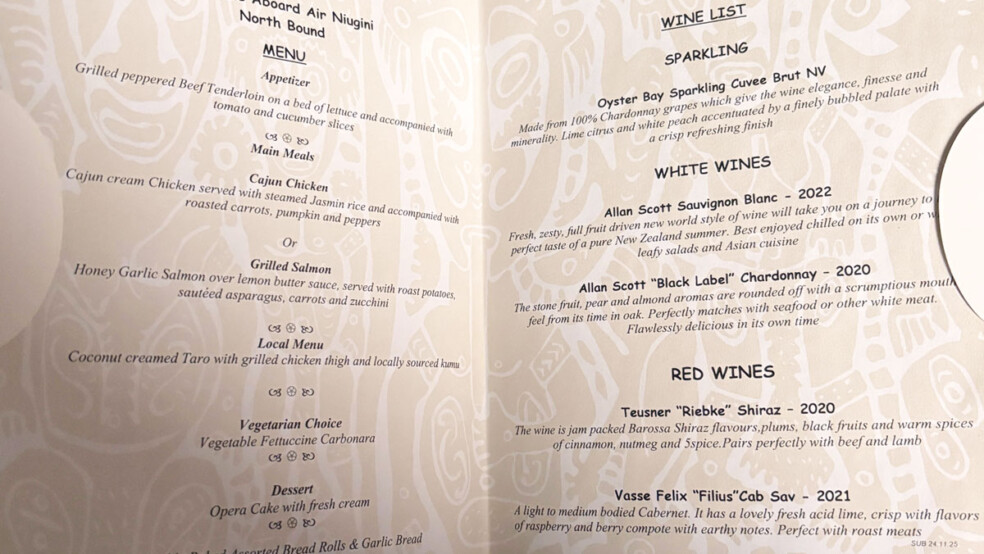 Air Niugini menu