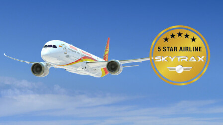 Hainan Airlines aircraft and 5 star airline rating logo